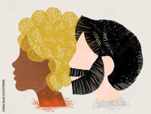 diversity people - interracial couple face illustration vector - side by side - black woman and blonde hair - white man and black hair