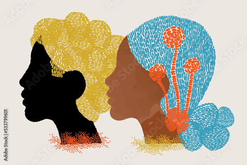 diversity people - black couple face illustration vector - side by side - latin woman and - black man and blonde hair