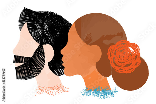 diversity people - interracial couple face illustration vector - side by side - latin woman and brown hair - white man and black hair