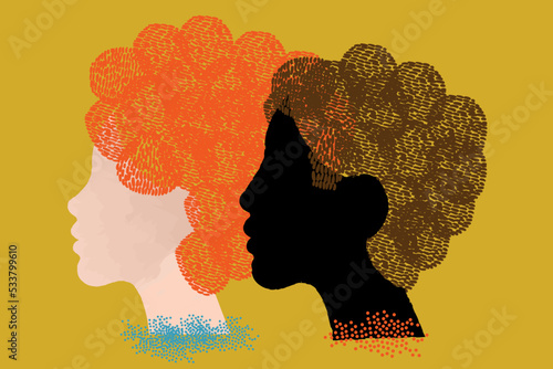 diversity people - interracial couple face illustration vector - side by side - white woman and red hair - black man and brown hair