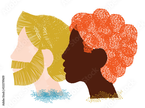 diversity people - interracial gay couple face illustration vector - side by side - white man and blonde hair - black man and red hair