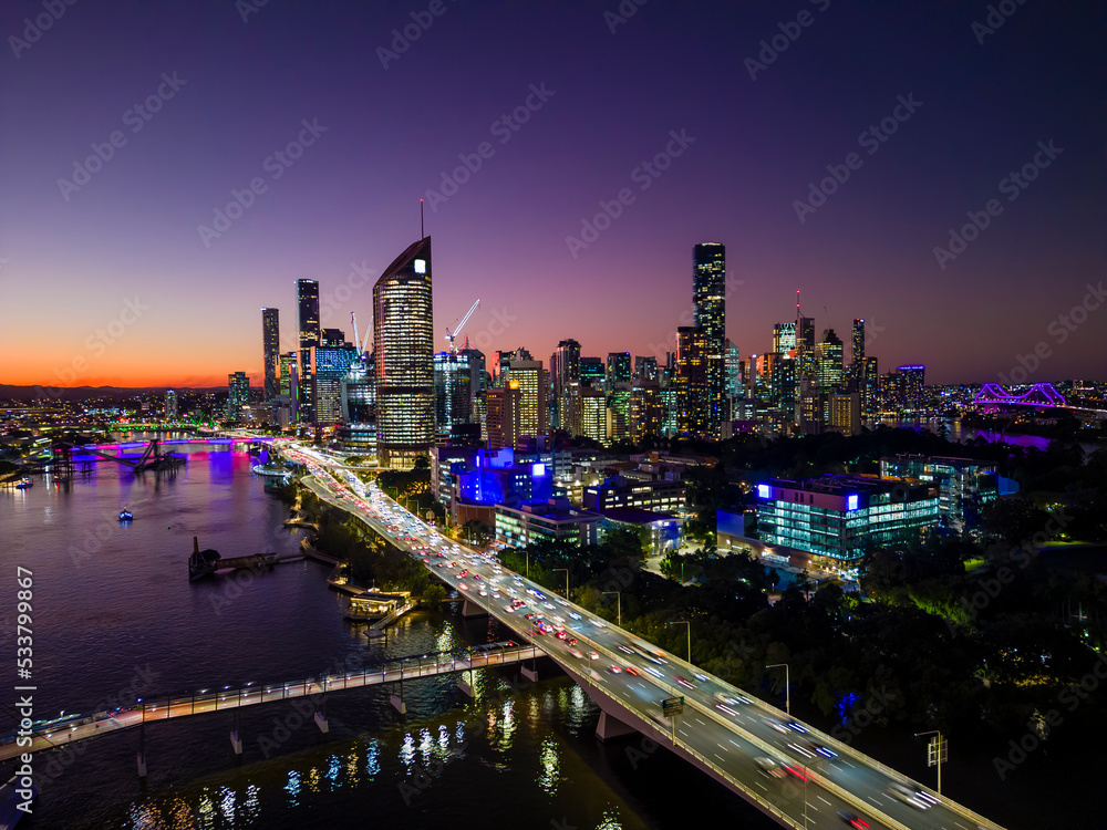 Aerial view of Brisbane city in Australia at night