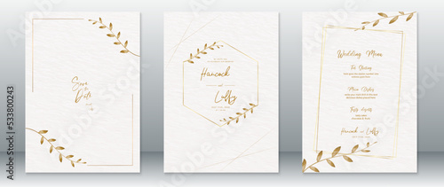 Wedding invitation card template luxury design watercolor texture background with leaf and gold frame