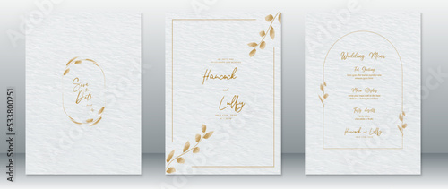 Wedding invitation card template luxury design with gold frame ,gold leaf wreath and watercolor texture background