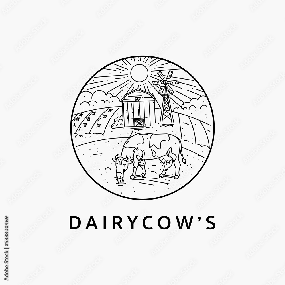 Fototapeta premium Minimalist dairy cow logo line art illustration template design