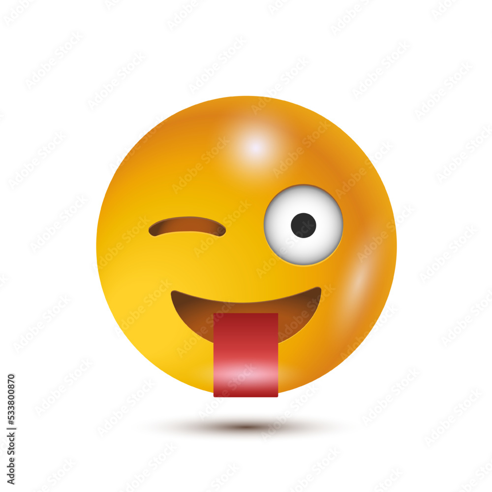 Crazy, Stuck out tongue winking eye. funny yellow emoticon. realistic emoticon. 3D emoticon for web. for emoticon characters design collection. for web interface