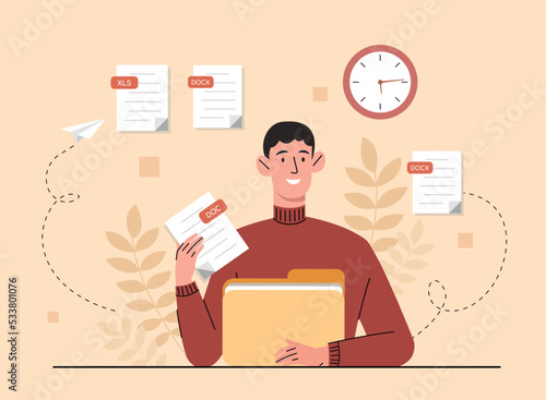 Man with text files. Young guy takes out sheets from folder. Poster or banner for website. Electronic storage and cloud service. Internet work, modern technologists. Cartoon flat vector illustration