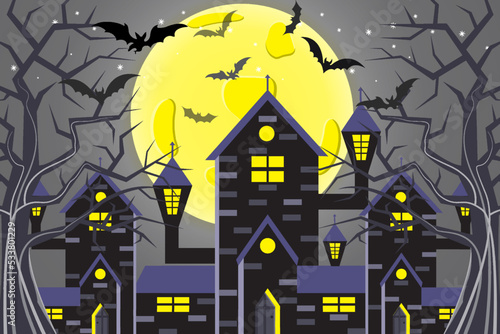 halloween celebration with castle  dry tree  bats and full moon