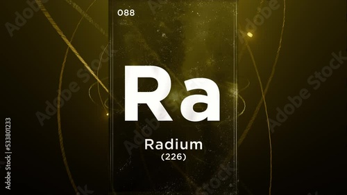 Radium (Ra) symbol chemical element of the periodic table, 3D animation on atom design background