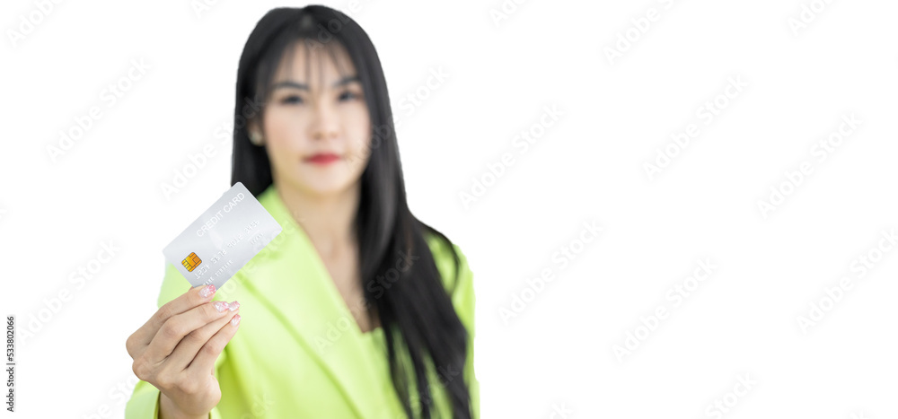 Asian woman holding credit card on white background, Asian woman showing presenting credit card, Woman holding bank business credit card with copy space. Asian woman holding credit card on white background, Asian woman showing presenting credit card, Woman holding bank business credit card with copy space.