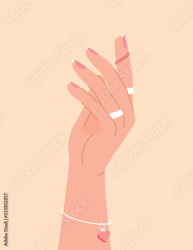 Female manicured hand. Aesthetics, beauty and glamour, beautiful hand with pink manicure and white rings. Accessories and jewelry, fashion, trendy and style. Cartoon flat vector illustration