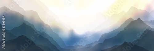 Dramatic sunset in the mountains, panoramic view, vector illustration