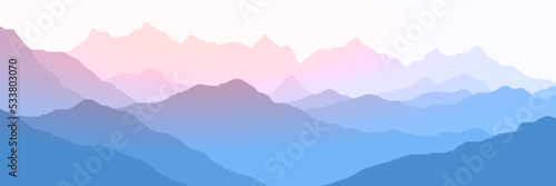 Sunrise in the mountains, mountain ranges in the morning haze, panoramic view, vector illustration