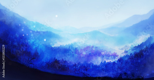 水彩で描いた静かな青い山の風景イラスト