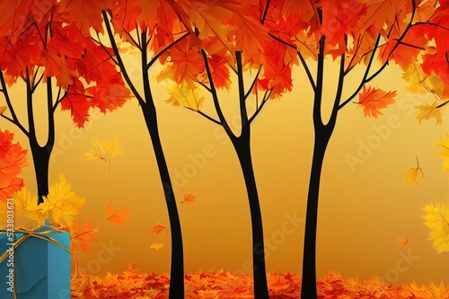 Autumn decoration background with trees house gift box cartoon style High quality illustration