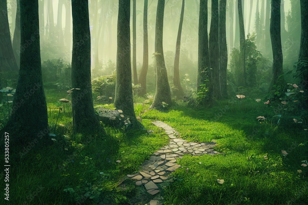 Naklejka premium Beautiful enchanting fairy tale lush woodland, High quality illustration