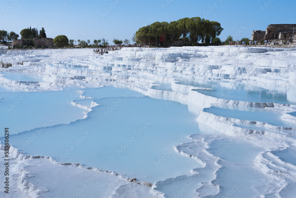 Cotton castle, natural travertine pools and terraces at Pamukkale in Turkey