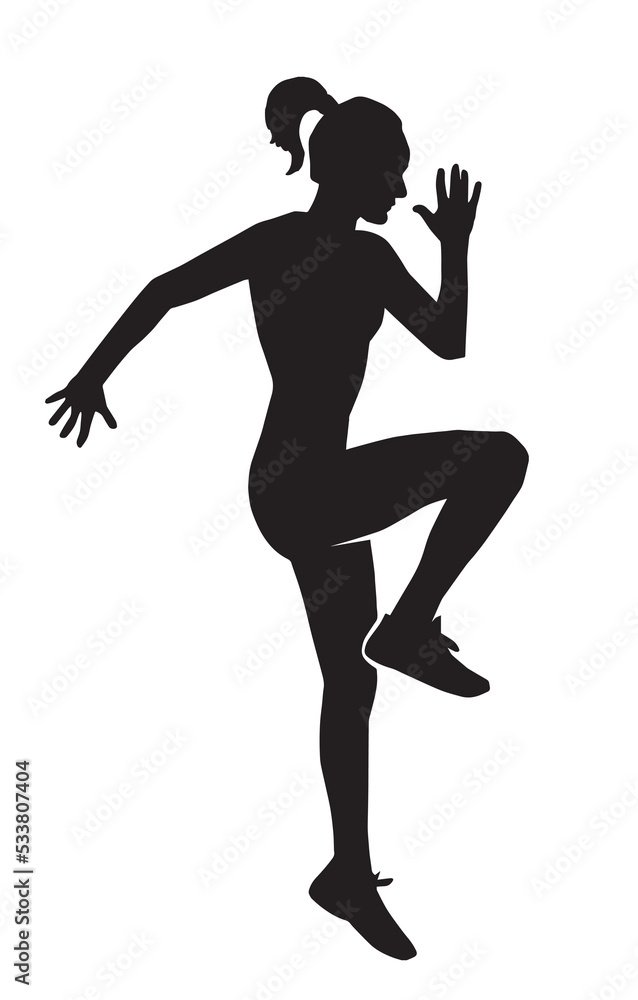 vector silhouettes of young woman doing sport exercises in standing positions. Fitness workout icon. Slim sportive girl black profile isolated on white background. Healthy lifestyle.