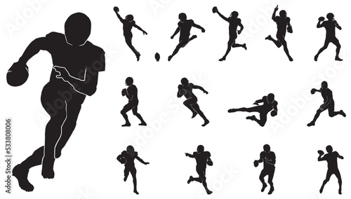 American male football player silhouette set. soccer athlete