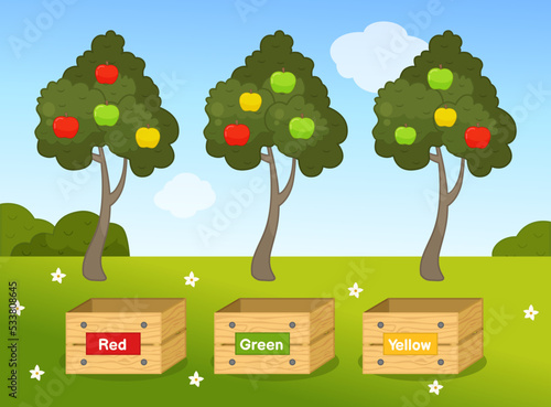 Matching children educational game. Sort apples into boxes. Activity for pre sсhool years kids and toddlers.