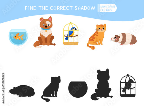 Educational  game for children. Find the right shadow. Kids activity with pets.