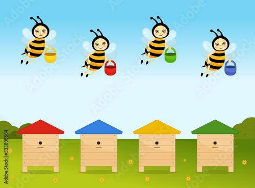 Matching children educational game. Help the bees find their homes. Activity for pre sсhool years kids and toddlers.