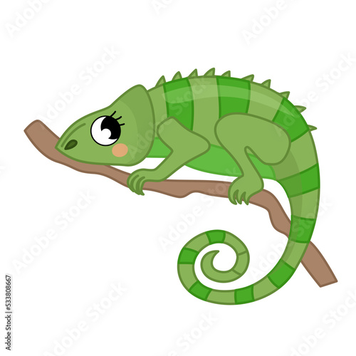 Vector cartoon illustration of a cute chameleon sitting on a branch. 