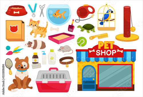 Vector set pet shop. Cartoon cute illustrations of pets and accessories.
