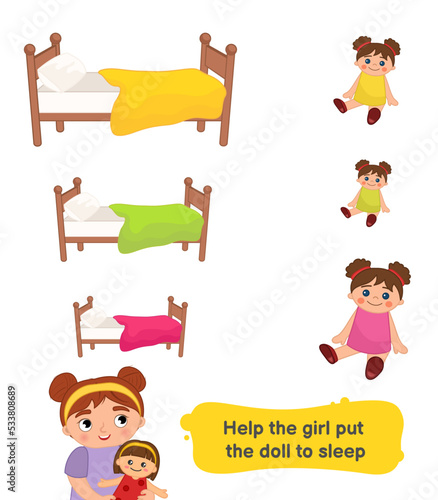 Fototapeta Naklejka Na Ścianę i Meble -  Matching children educational game. Activity for pre sсhool years kids and toddlers. Help the girl find the right size bed for her doll.
