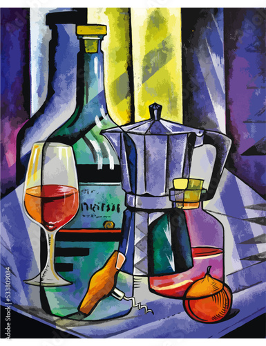 Cubist Still life bottle and glass of wine