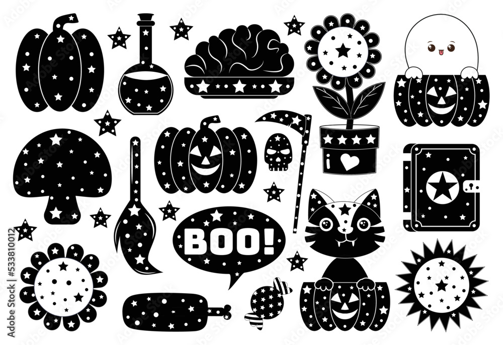 Colorless doodle Halloween elements. Hand draw colorless Halloween element. Hand draw doodle elements. 
