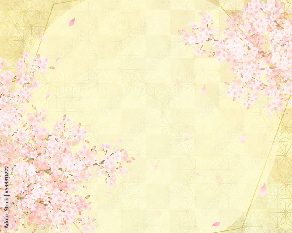 美しい桜ー金箔ー市松模様ー和紙の壁紙ーキラキラゴールド豪華絢爛背景素材フレーム