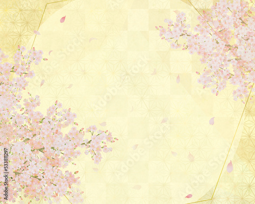 美しい桜ー金箔ー市松模様ー和紙の壁紙ーキラキラゴールド豪華絢爛背景素材フレーム