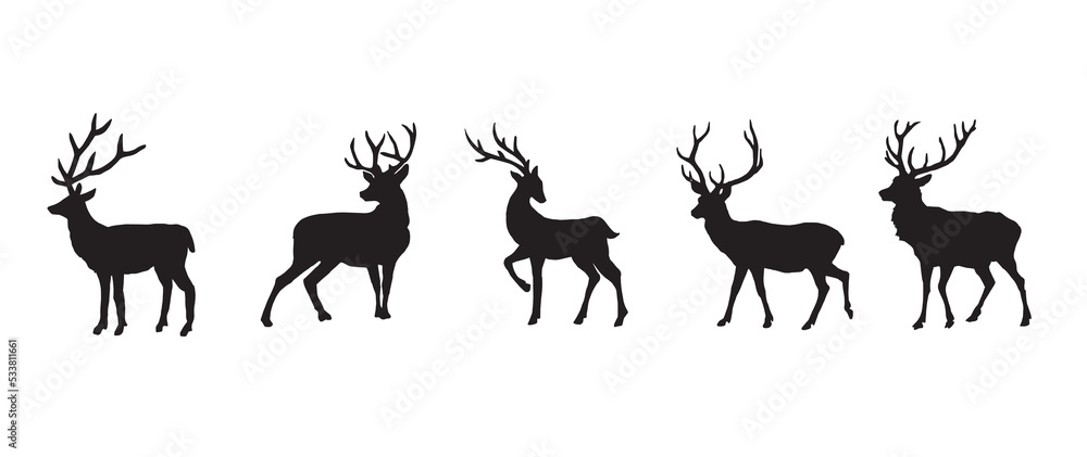 Set of stag silhouette male deer vector icon on white background