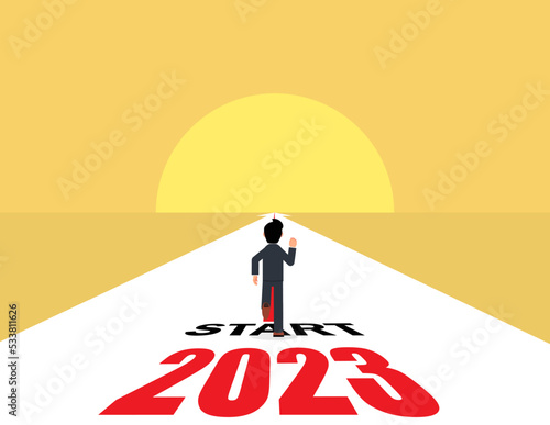 Businessmen planning to run on a business path in early 2023. business strategy, opportunity, new life change for 2022-2023.