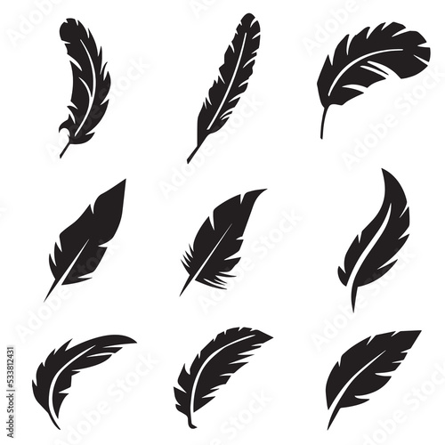 Set of feather silhouette vector on white background