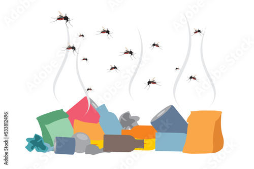 Trash vector. Plague carrier mosquitoes. Illustration of dirty garbage disposal that causes the plague