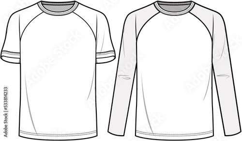 Raglan Long Sleeve T-shirt, Raglan short sleeve t-shirt  Sets Fashion Illustration, Vector, CAD, Technical Drawing, Flat Drawing, Template, Mockup