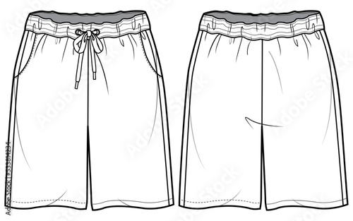 Oversize Short, Wide Leg Shorts Front and Back View. Fashion Illustration, Vector, CAD, Technical Drawing, Flat Drawing.	
