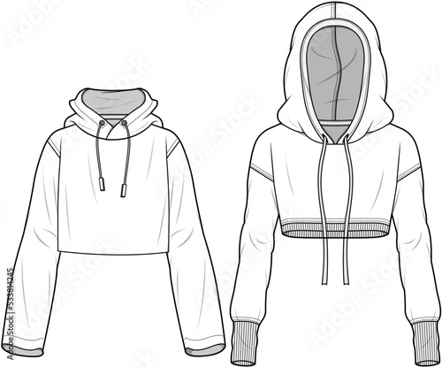 Crop Hoodies Sets Fashion Illustration, Vector, CAD, Technical Drawing, Flat Drawing, Template, Mockup.	
