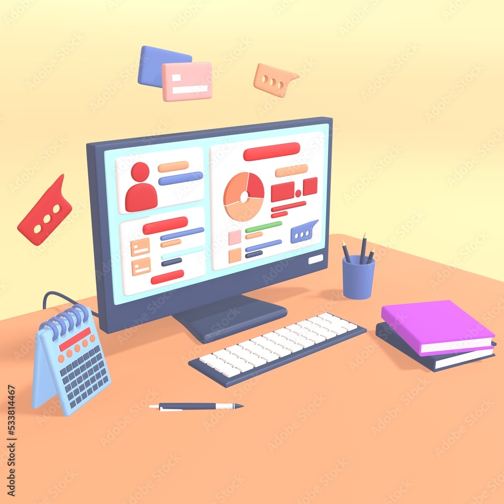 3D Illustration of workspace. 3D rendering of workspace with pc screen illustration. 3D Illustration of workspace. 3D rendering of workspace with pc screen illustration.