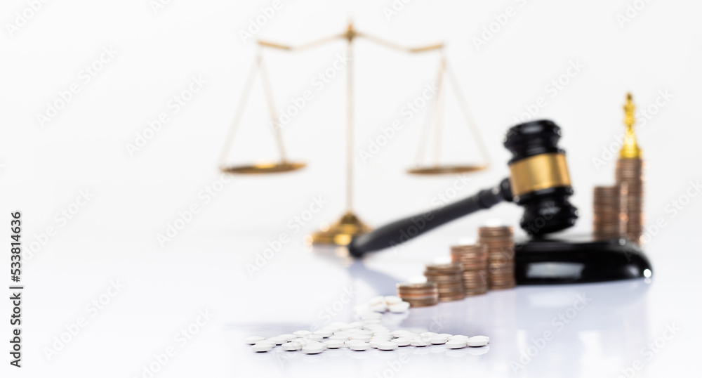 Investigate investment finance management to stop problem of drug money laundering with authority legal justice system. Stack money coin grow and gavel stop with strategy, white background copy space Investigate investment finance management to stop problem of drug money laundering with authority legal justice system. Stack money coin grow and gavel stop with strategy, white background copy space