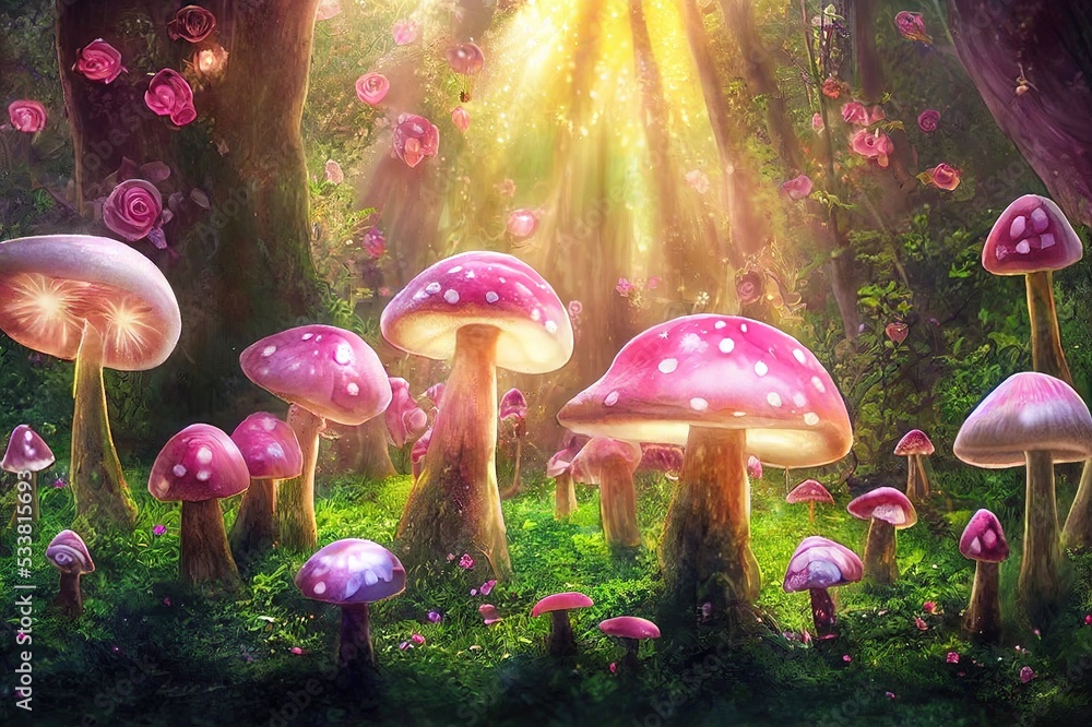 Fototapeta premium Magical fantasy mushrooms in enchanted fairy tale elf forest with fabulous fairytale blooming pink rose flower, garden on mysterious background and shiny glowing stars and sun rays in the morning.