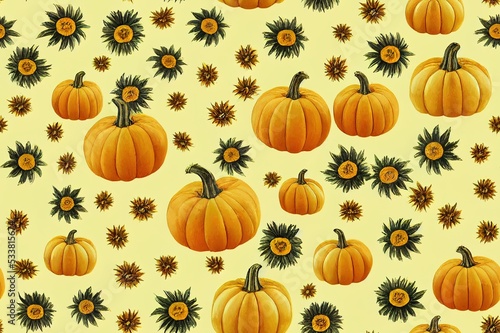 Fall seamless pattern with pumpkins on cream background  Autumn pattern with sunflower  flowers  watercolor wrapping paper  pattern fills  Thanksgiving  web page background.