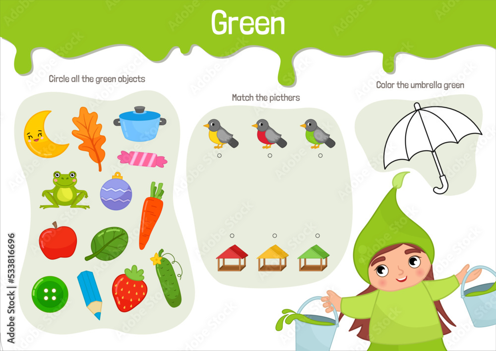 Vector educational material for children. Worksheet study green color. Cartoon illustration of a cute girl in green clothes with a brush in hand.

