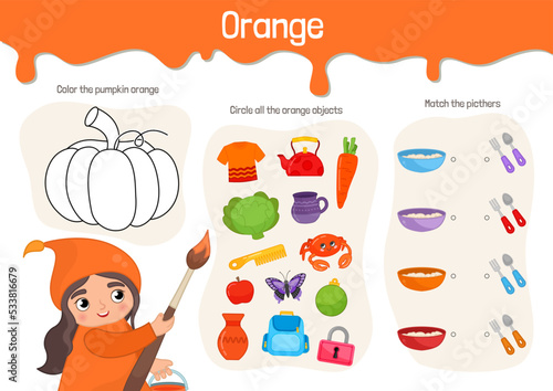 Vector educational material for children. Worksheet study orange color. Cartoon illustration of a cute girl in orange clothes with a brush in hand.
