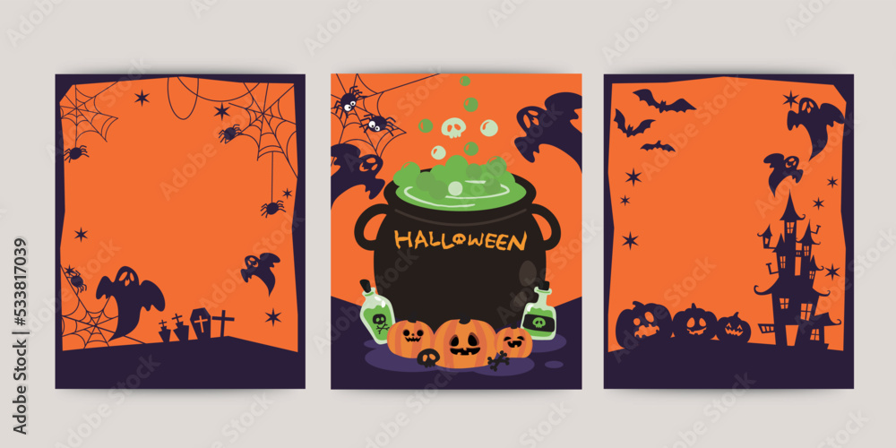 Vector set of Halloween party invitations or greeting cards with traditional symbols. Funny halloween designs. Vector set of Halloween party invitations or greeting cards with traditional symbols. Funny halloween designs.