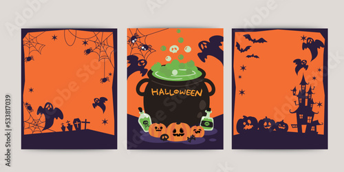 Vector set of Halloween party invitations or greeting cards with traditional symbols. Funny halloween designs.