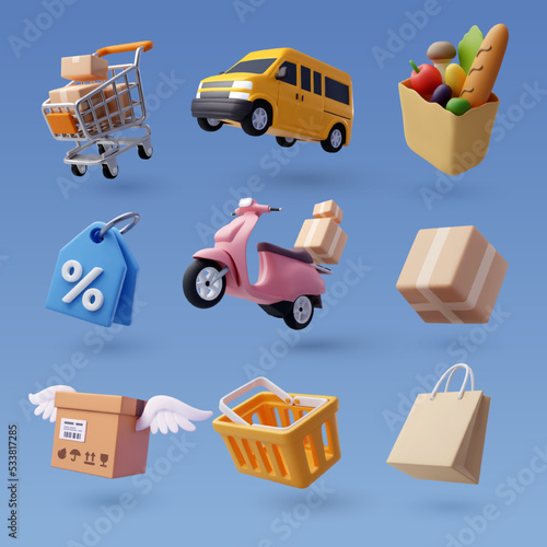 Set of 3d online shopping icon, Business and free shipping concept.