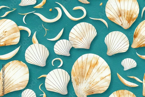 Watercolor sea shell japanese waves seamless pattern. Hand drawn seashells texture iocean background with gold line. Watercolour marine illustration. Print for wallpaper  fabric  textile  wrapping.